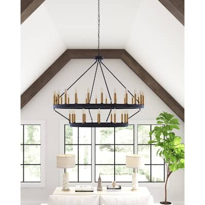 48" Black 36-Light Wagon Wheel Gold Candle Style Industrial 2-Tier Round Chandelier
