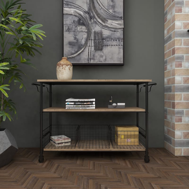 Wood Rolling Cart 3 Drawers and 1 Shelf Storage Unit with Black Wire Baskets - Brown - Roche River Decor