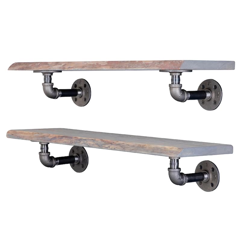 PIPE DECOR Live Edge Reclaimed Wood Shelf with Industrial Pipe Brackets, Set of 2 - 24 in. - Riverstone Grey