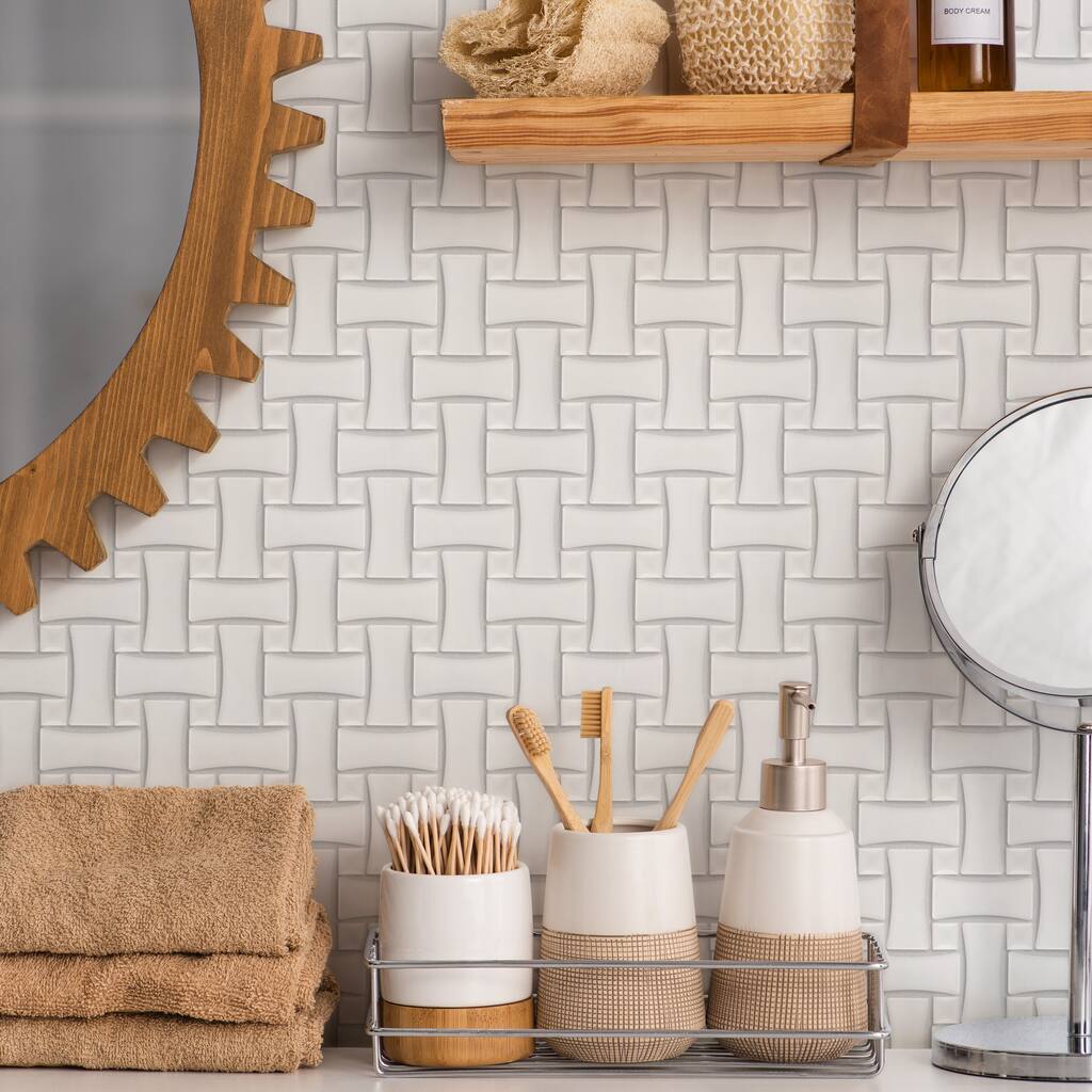 Merola Tile Metro Dog Bone Basket Weave White 10-1/2" x 10-1/2" Porcelain Mosaic Tile