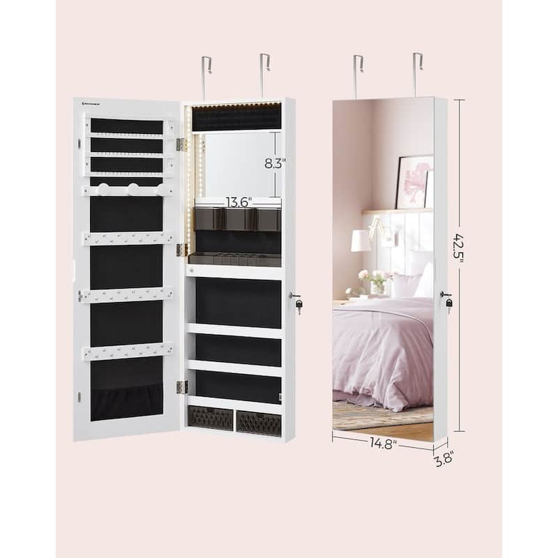 White Wooden Jewelry Armoire Organizer with LED Lights, Full-Length Mirror, and Lockable Storage - 14.8"L x 3.8"W x 42.5"H
