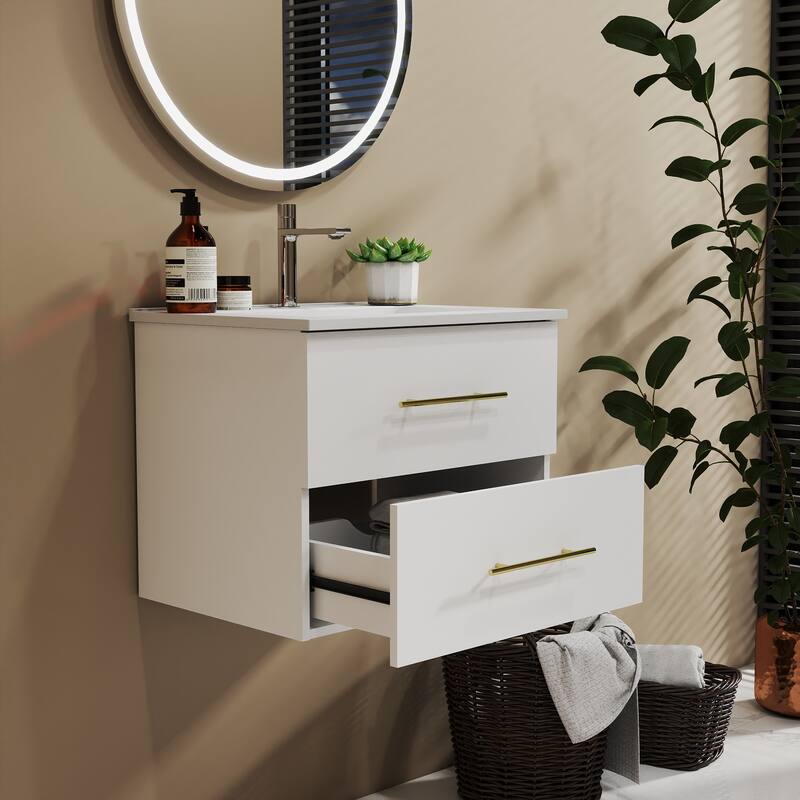24-Inch Wall-Mounted Bathroom Vanity with Sink Combo,Double Drawers, Ceramic Basin, Easy Assemble,2 Storage Drawers