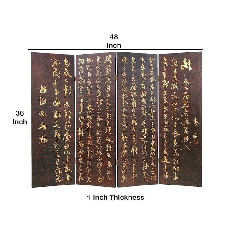 Traditional 4 Panel Screen Divider with Chinese Greetings, Brown and Gold
