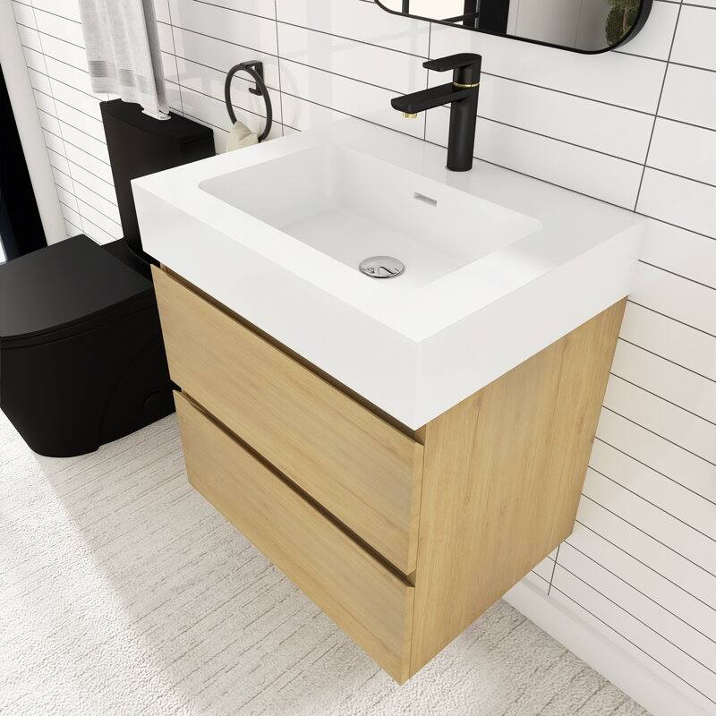 24/30/36 inch Wall-Mounted Bathroom Vanity Set in Oak with Integrated Resin Sink