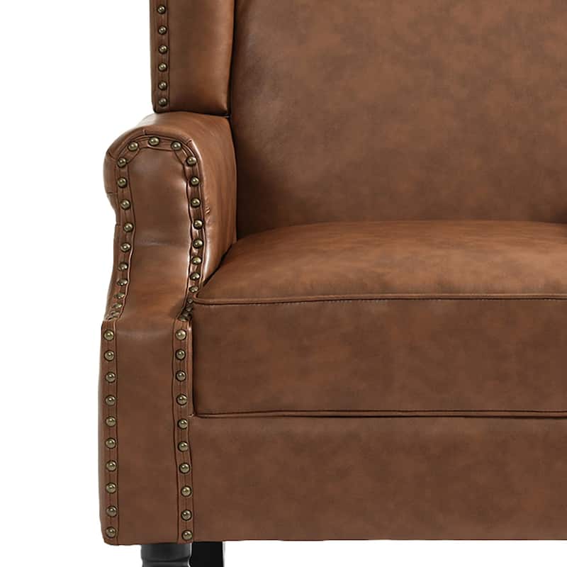 Mid-Century Modern Linen/ Vegan Leather Wing Back Accent Chair