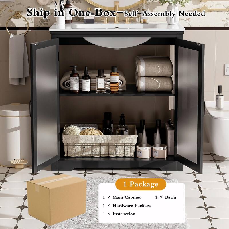 30" Modern Bathroom Vanity with Ceramic Sink, Bathroom Vanity Cabinet with Tempered Blurred Glass