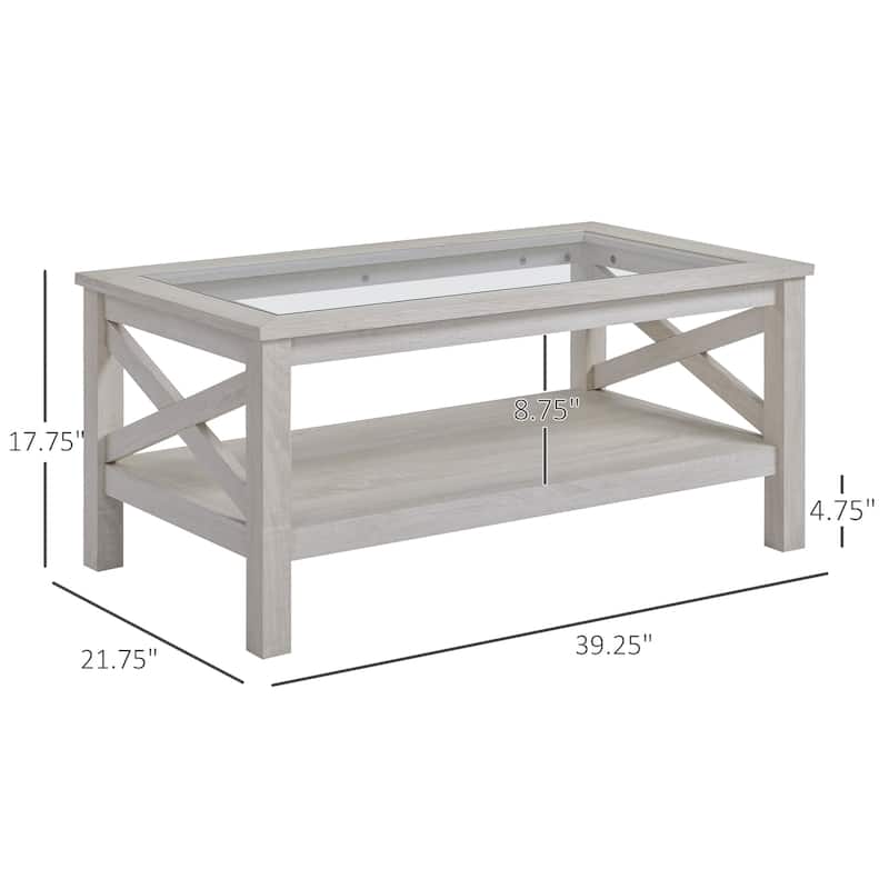HOMCOM Traditional Coffee Table with Wood Frame, Tempered Glass Tabletop and Underneath Storage Shelf, White Oak