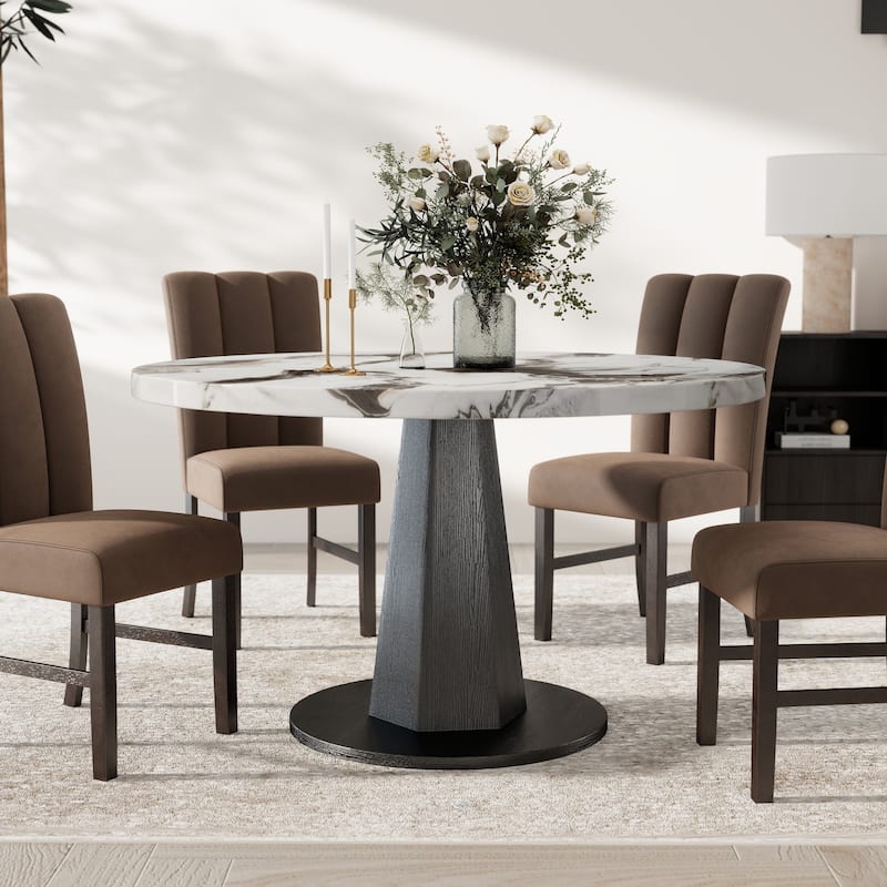 Roundhill Furniture Cavira Modern Faux Marble Dining Table with Wood Pedestal Base