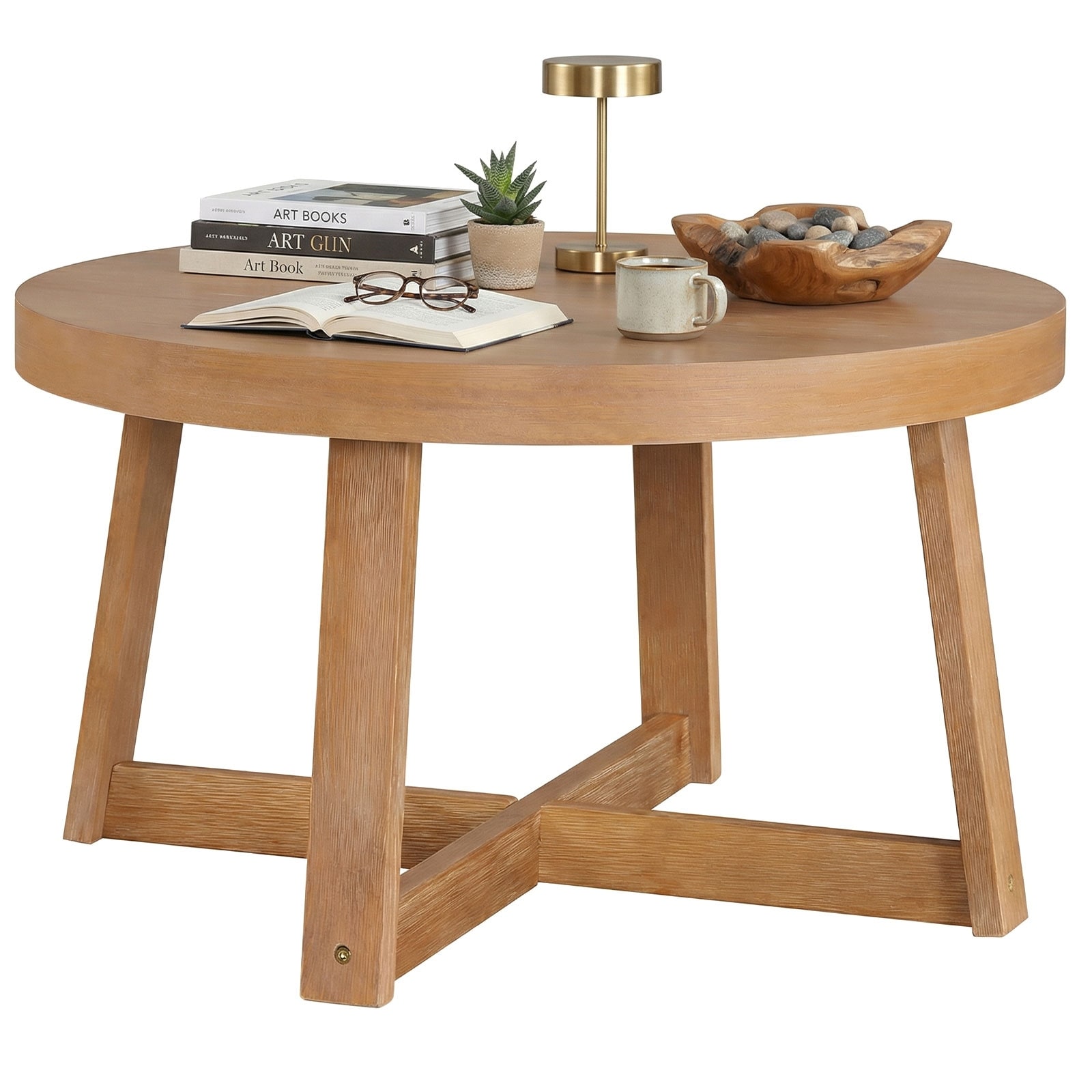 Gymax 30'' Round Coffee Table w/Solid Wood Cross-Shaped Base.Farmhouse