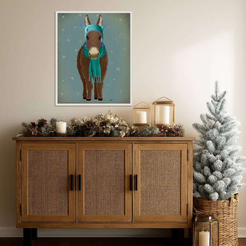 Donkey Blue Hat and Scarf by Fab Funky (23 x 28 in.), Framed Canvas Wall Art Print - Sylvie Beaded White