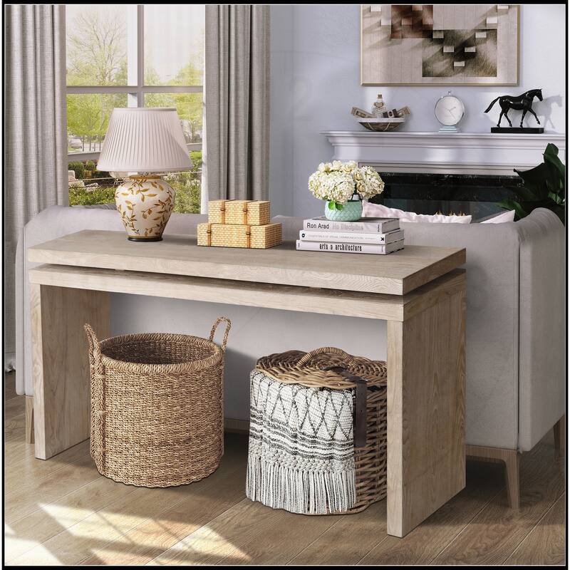 60'' Retro Console Table with Double Board Suspension Design - Antique Natural
