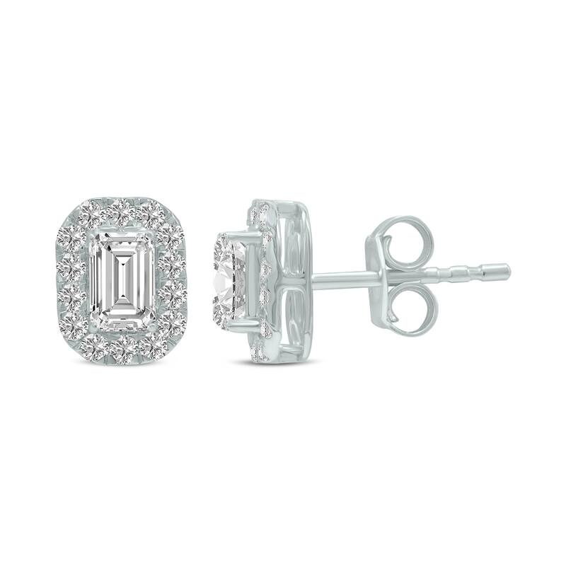 Marquee 1 Carat TW Emerald Cut Lab Grown Diamond Halo Earrings in 14K White Gold