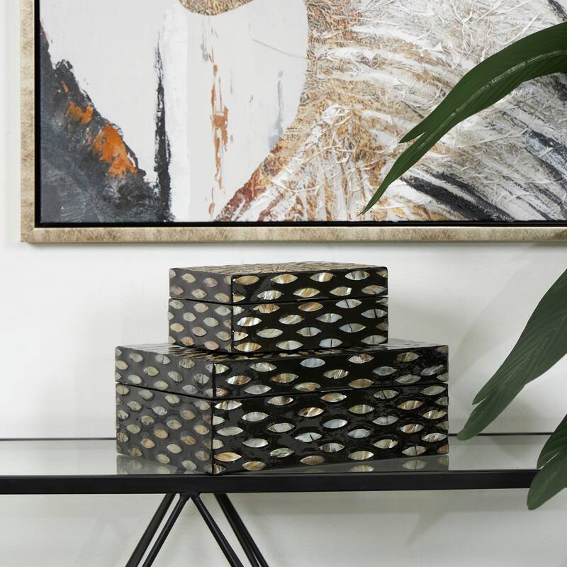 Black Mother of Pearl Shell Geometric Floral Box with Beige Accents (Set of 2)