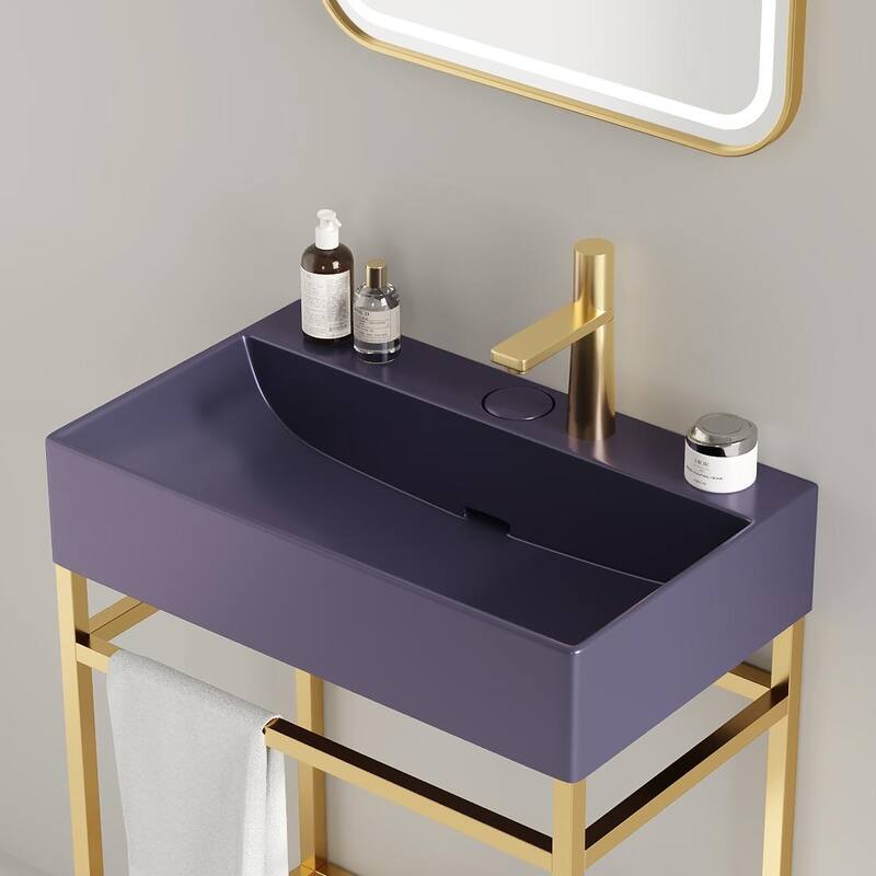 GDFStudio - Lofi Modern 24" Bathroom Vanity with Glossy Rectangular Ceramic Basin & Open Metal Storage Shelf, WITHOUT Faucet