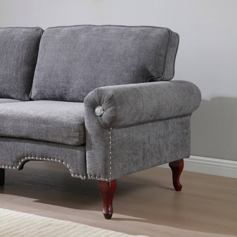 80-Inch Modern Linen 3 seat Sofa with Wooden Legs & Crystal button and Copper Nail, Tufted Backrest, for Living Room