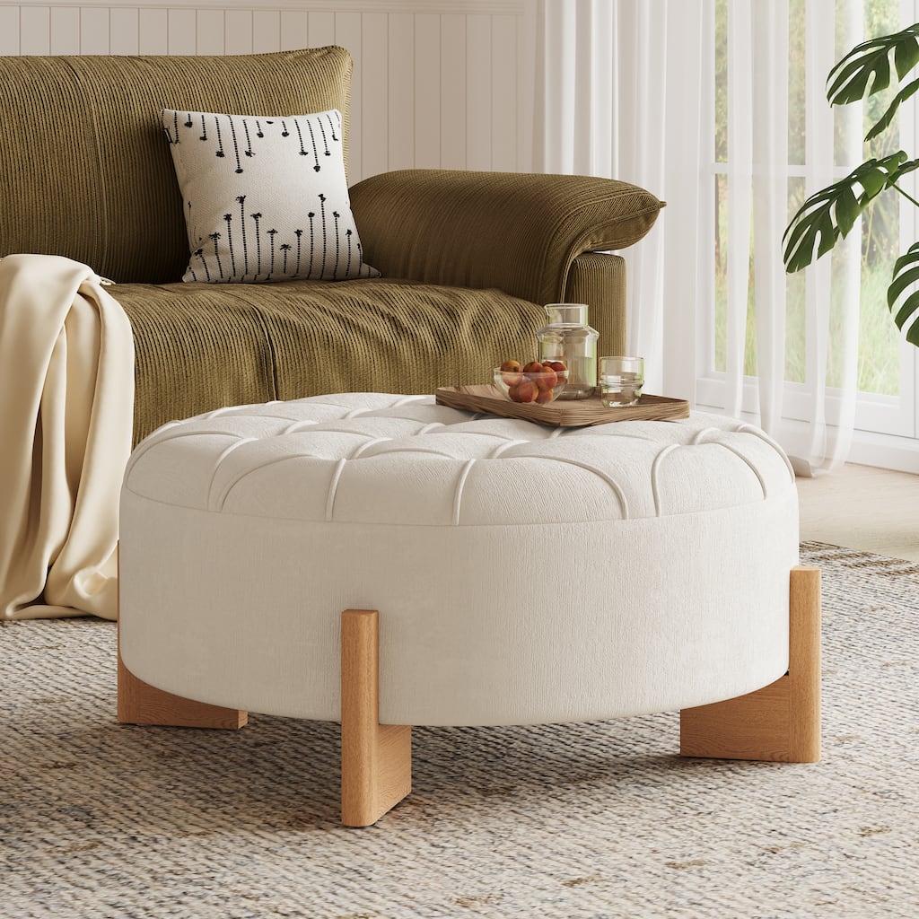 32" Round Tufted Ottoman with Solid Wood Legs, Modern Coffee Table with Tufted Buttons, Piping Lines, Chenille Fabric Footrest