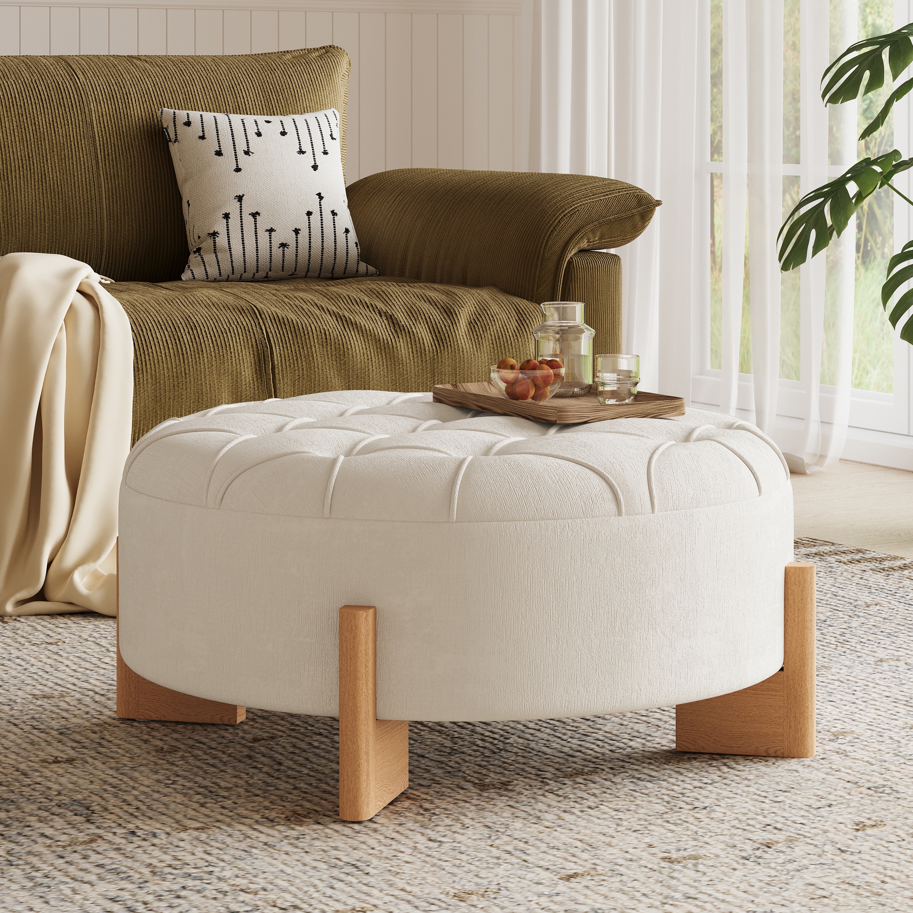 32" Round Tufted Ottoman with Solid Wood Legs, Modern Coffee Table with Tufted Buttons, Piping Lines, Chenille Fabric Footrest