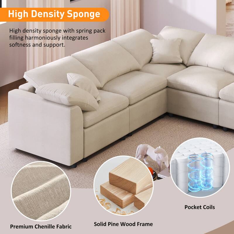 Roomfitters 124.8" 7-Seater Modular Sectional Sofa, Large Modern L-Shaped Upholstered Couch with Ottoman for Living Room, Beige