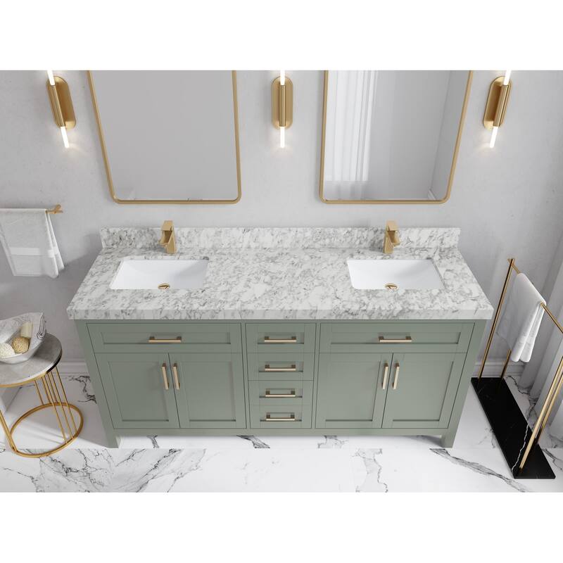 Willow Collections 72 in. W x 22 in. D Cambridge Double Sink Bathroom Vanity with Countertop - 2”Carrara Marble - Evergreen