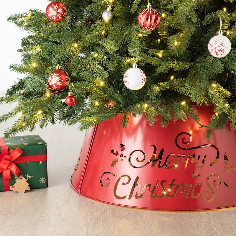 Glitzhome 26"D "Merry Christmas" Die-Cut Metal Tree Collars with Light String