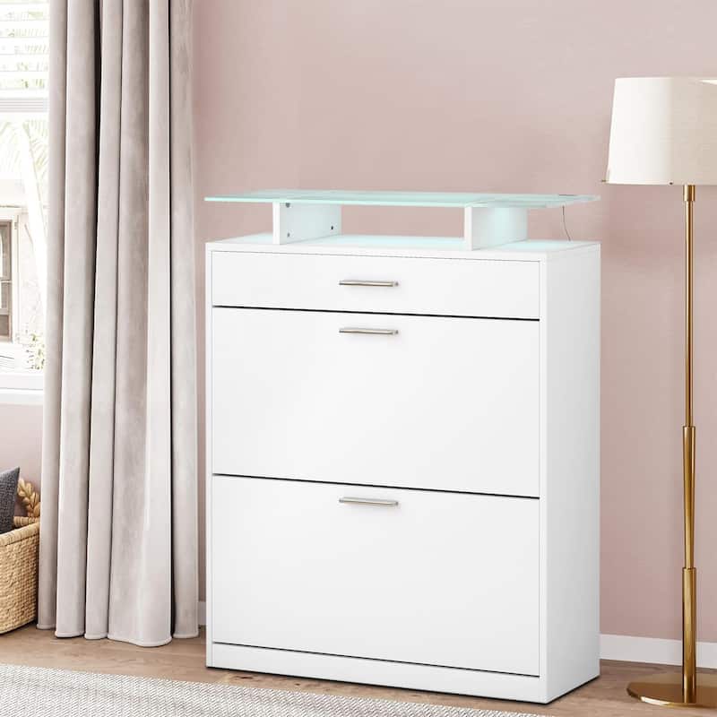 Wooden Shoe Storage Cabinet with Glass Top and LED Light Clamps - White