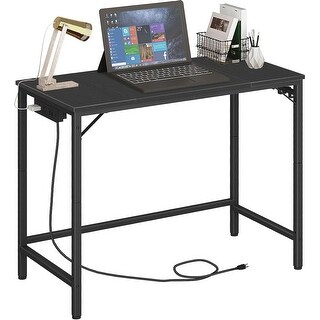 Modern Compact Computer Desk with Power Outlet, 3 Hooks, Sturdy Metal ...