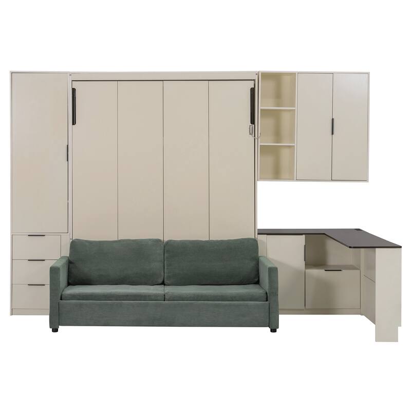 Folding Wall Bed Queen Size Murphy Bed with Sofa and L Shape Desk