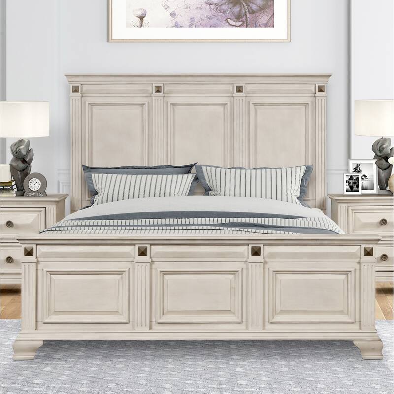 Roundhill Furniture Renova Distressed Parchment Wood Bedroom Set with Panel Bed, Dresser, Mirror, Nightstand, Chest