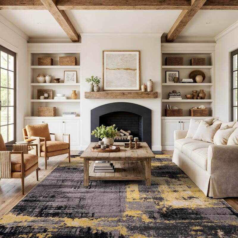 World Rug Gallery Modern Abstract Design Black Area Rug - 7' 10" x 10' - Yellow - Rectangle