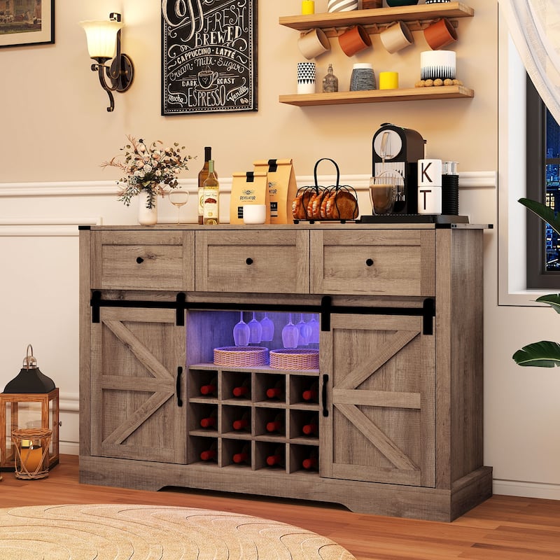 Gymax Wine Bar Cabinet w/LED Lights & Doors Coffee Station w/