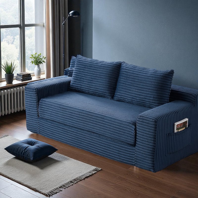 Memory Foam Cloud Loveseat, 2-in-1 Convertible Corduroy Folding Couch Bed, No-Assembly Floor Sofa with Storage Pockets - Blue