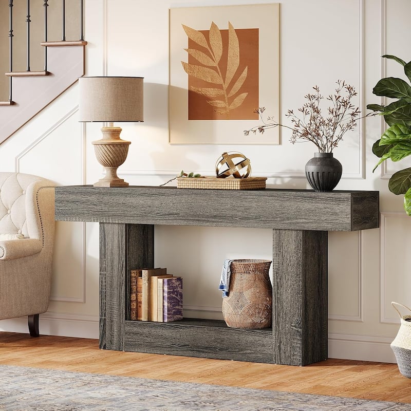 63 Inches Brown/ Gray Wood Console Table, Farmhouse Entryway Table for Hallway - Dark Grey