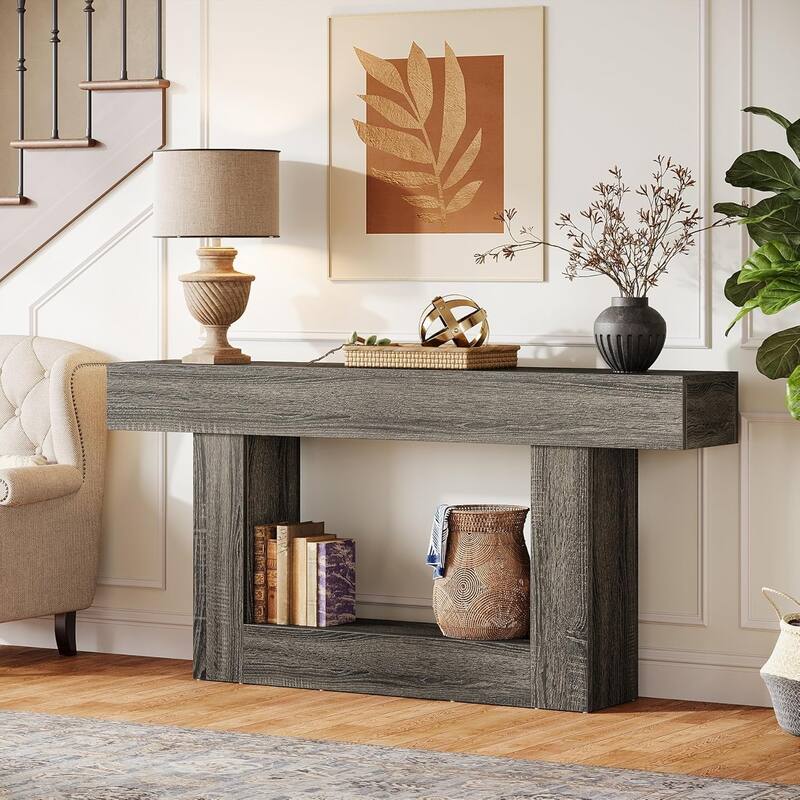 63 Inches Console Table, Farmhouse 2 Tiers Entryway Table, Sofa Table Behind Couch