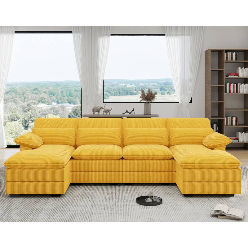 111.8" U-Shaped Cloud Sectional, 4-Seater Corduroy Upholstered Sectional with Recliner and Cushions - Yellow