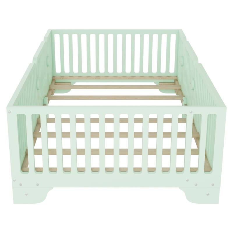 Montessori Floor Bed with Detachable Door, No Box Spring Needed, Kids Platform Bed with Slats and Fence