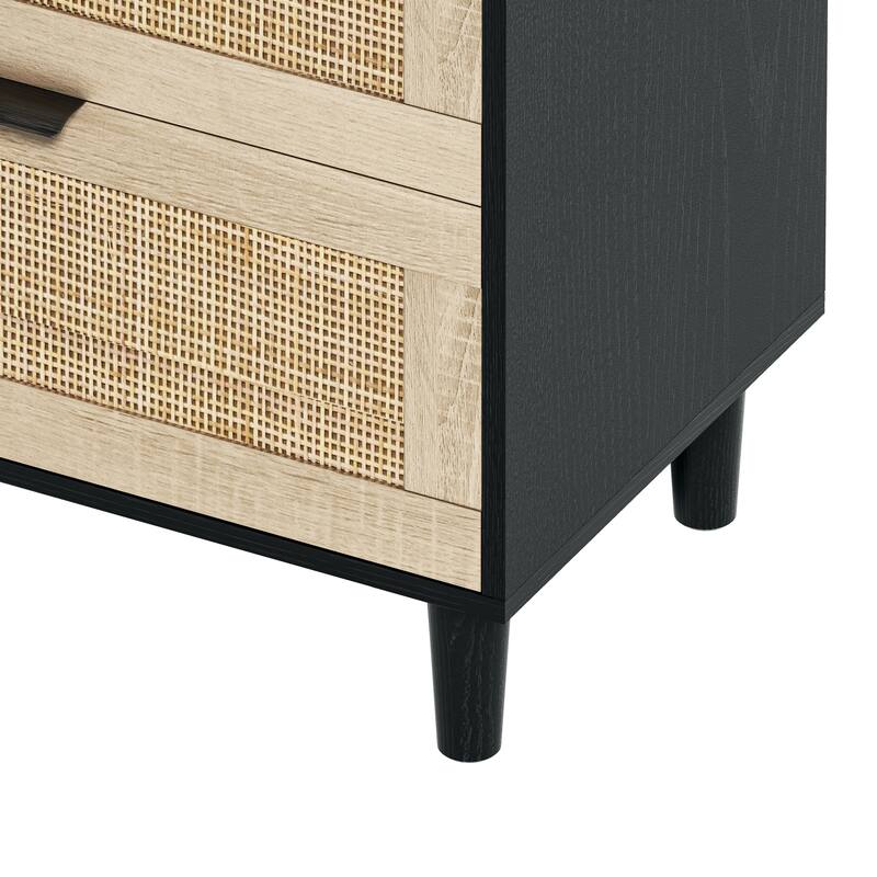Mid-Century Modern Rattan Dresser, 6-Drawer Wicker Bedroom Dresser, Storage Cabinet with Metal Handles & Wood Legs