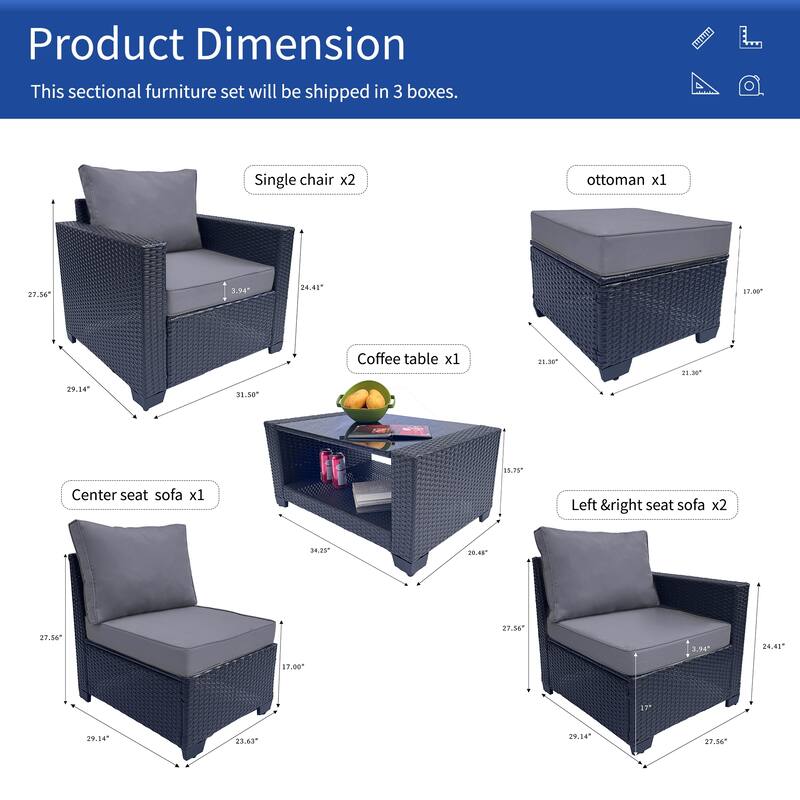 7 Piece Patio Furniture Set, Outdoor PE Rattan Wicker Sectional Sofa Set with 2 Sofa Chairs and Tempered Glass Table