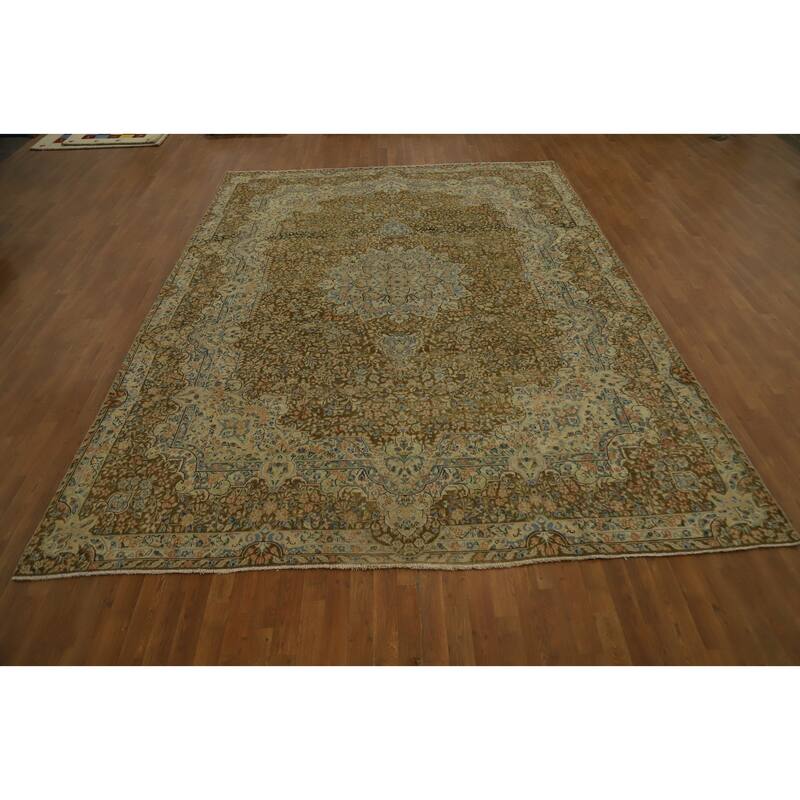 Hand Knotted Oriental 100% Wool Carpet Traditional Floral Brown Kerman Area Rug - 13' 4'' X 9' 6''