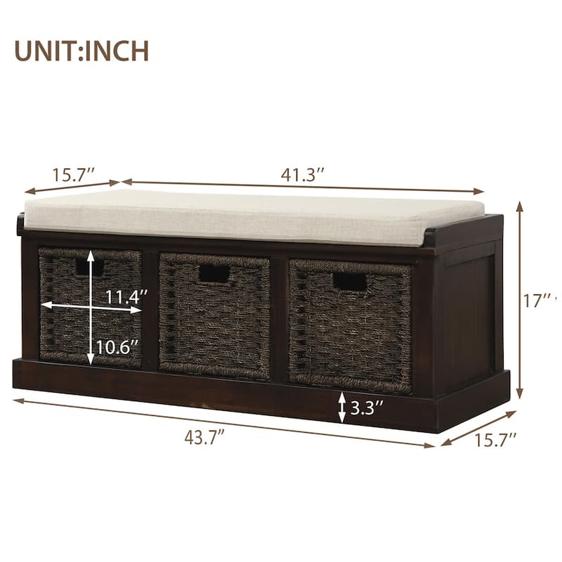 Merax Entryway Storage Bench with 3 Removable Baskets and Cushion
