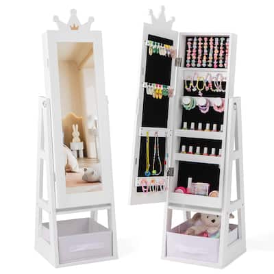 Gymax Kids Jewelry Cabinet w/ Full-Length Mirror Foldable Drawer