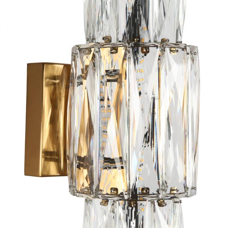 Modern Gold 1-Light LED Crystal Wall Sconce Cylinder Bathroom Vanity Light - W 6.8" x H 20"
