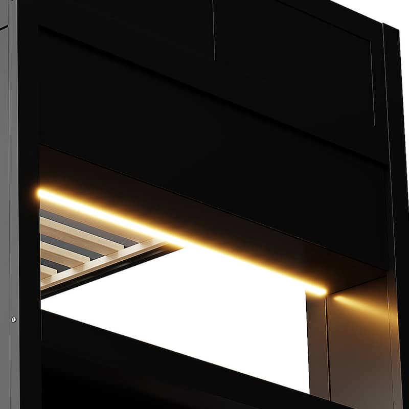 Black Bunk Bed Full Size Wood Gaming Bunk Bed Frame with Desk, Storage Shelves, LED and Charging Station, Full over Full Bed