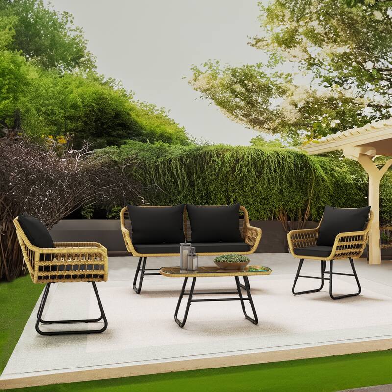 Moasis 4-Piece Patio Furniture Wicker Outdoor Loveseat - 4 Pcs - Black