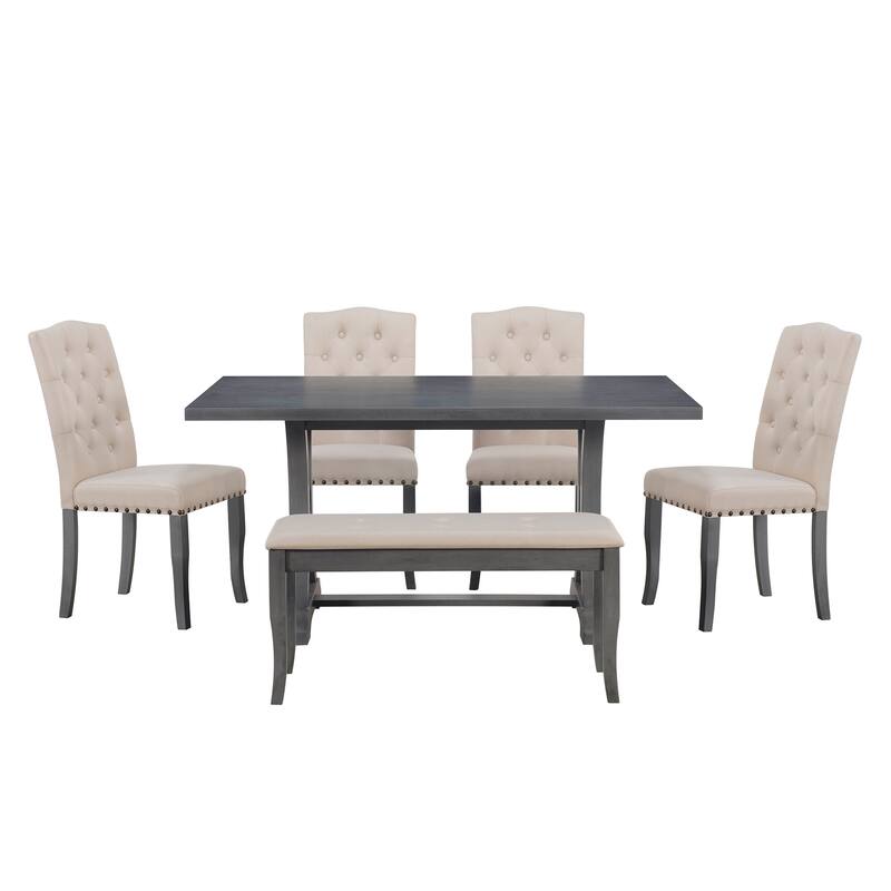 6-Piece Farmhouse Dining Table Set, Rectangular Trestle Table and 4 Upholstered Chairs & Bench - Antique Grey