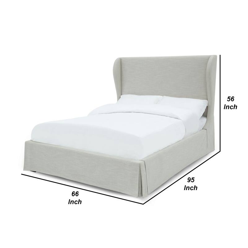 Shia Upholstered Queen Size Skirted Panel Bed with Wing Headboard, Beige
