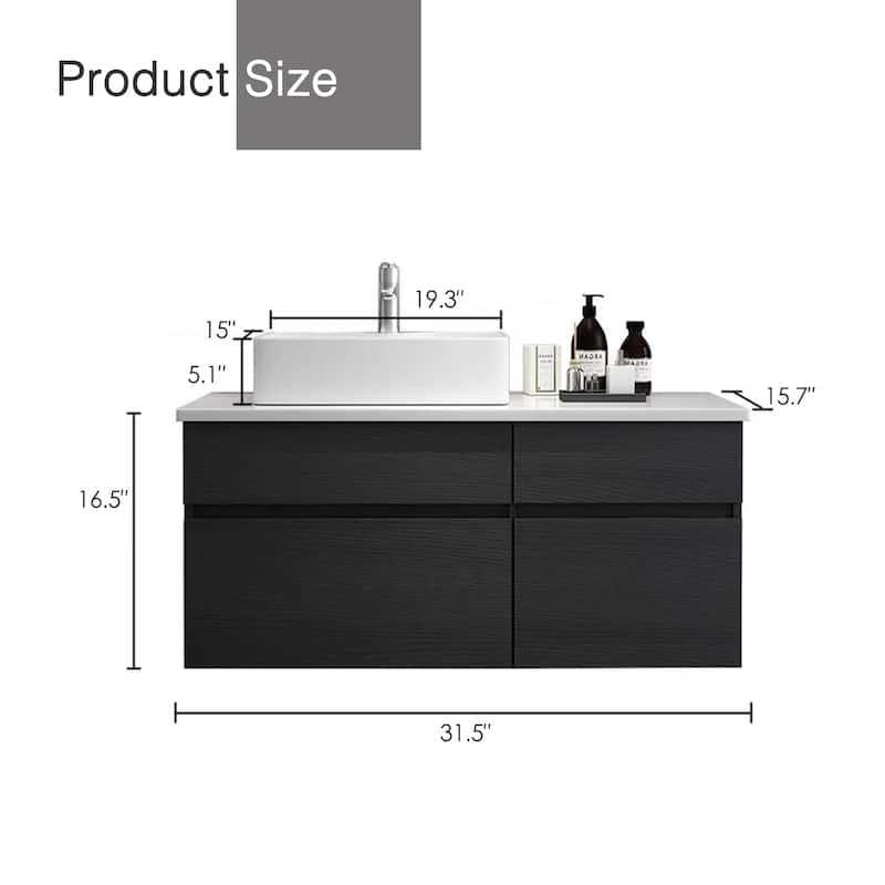Chelce 32" Black and White Wall Mounted Bathroom Vanity with Faux Marble Countertop and Ceramic Sink
