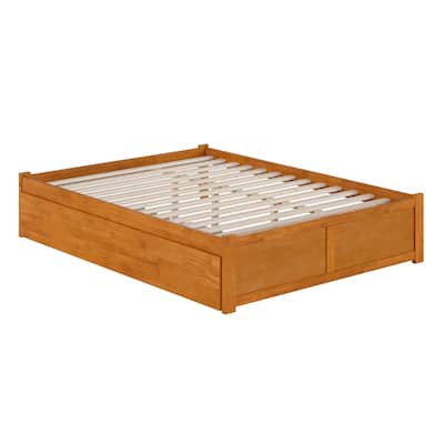 Solid Wood Platform Bed with Trundle - Twin XL Bed Frame, Modern Style, Light Toffee Finish
