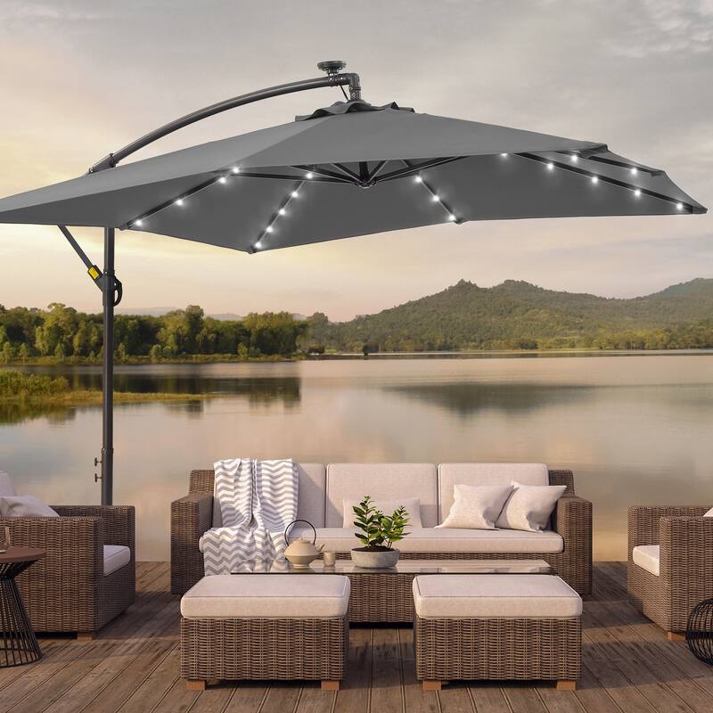 BONOSUKI Patio 8.2Ft LED Offset Umbrella,8 Steel Ribs w/Cross Base - Grey