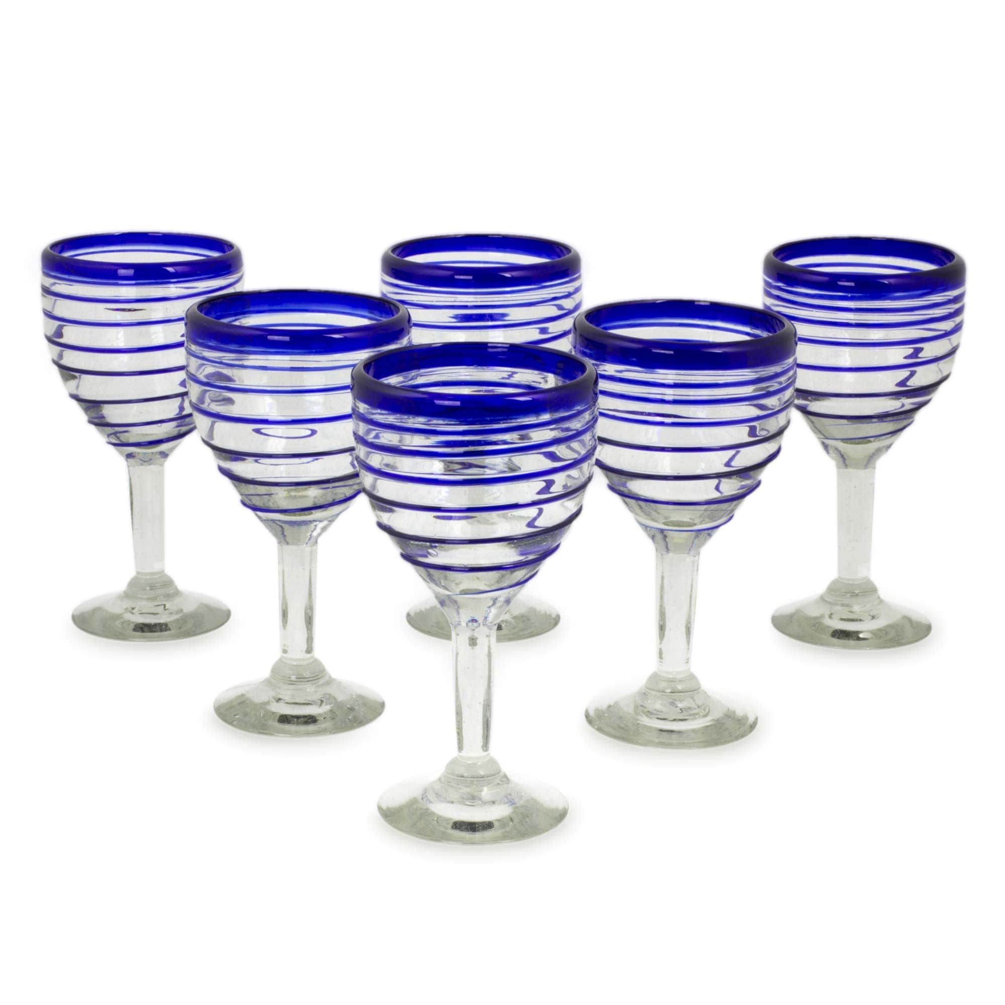 NOVICA Artisan Handblown Blue Accent Wine Glasses Recycled Mexican Cocktail Striped Glassware 'Tall Cobalt Spiral' (Set of 6)