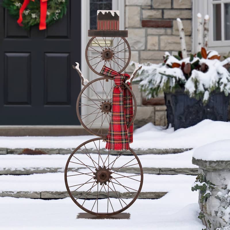 Glitzhome 34"H Christmas Metal Bike Wheel Snowman with Scarf Porch Decor